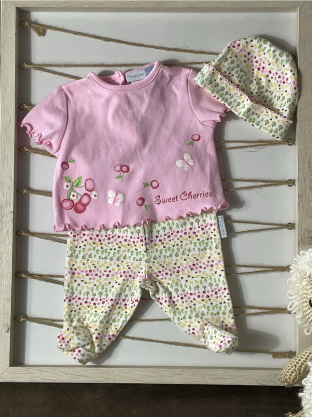 Vintage Vitamins 0-3 Months Girl's Pink Sweet Cherries 3 Piece Set Pants Top Hat